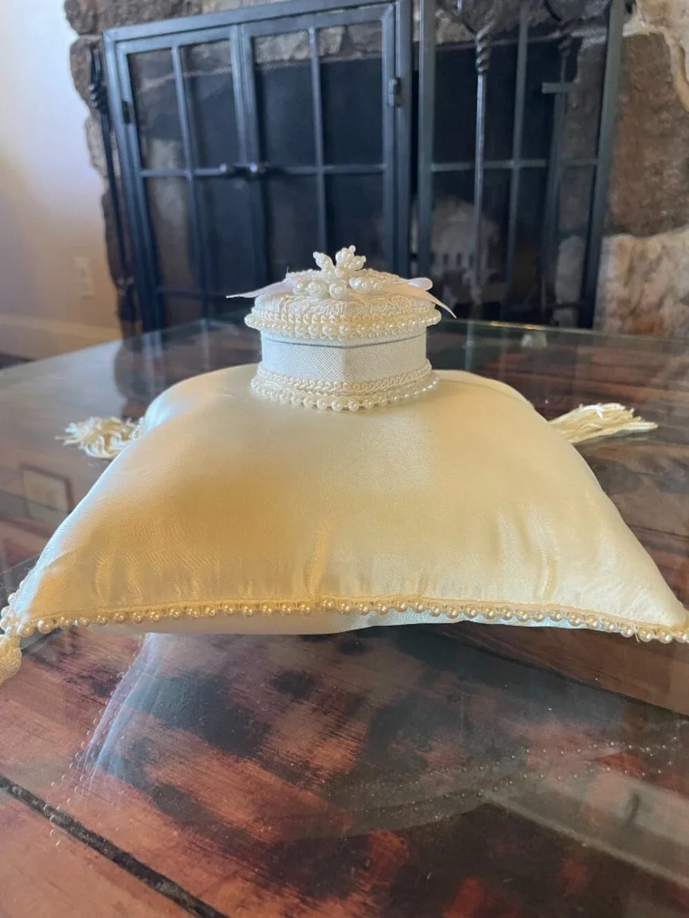 Vintage Ivory Satin Wedding Ring Bearer Pillow